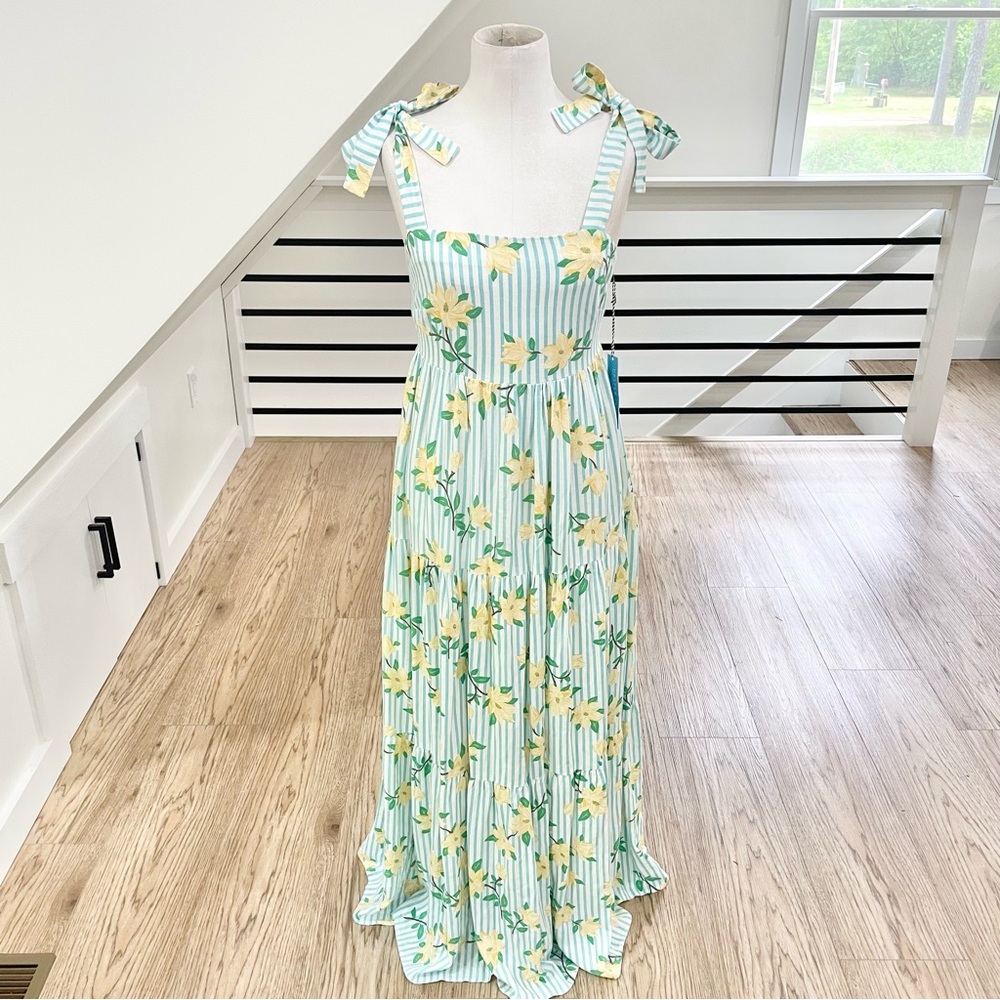 Teal blue and white striped floral tiered, bohemian maxi dress